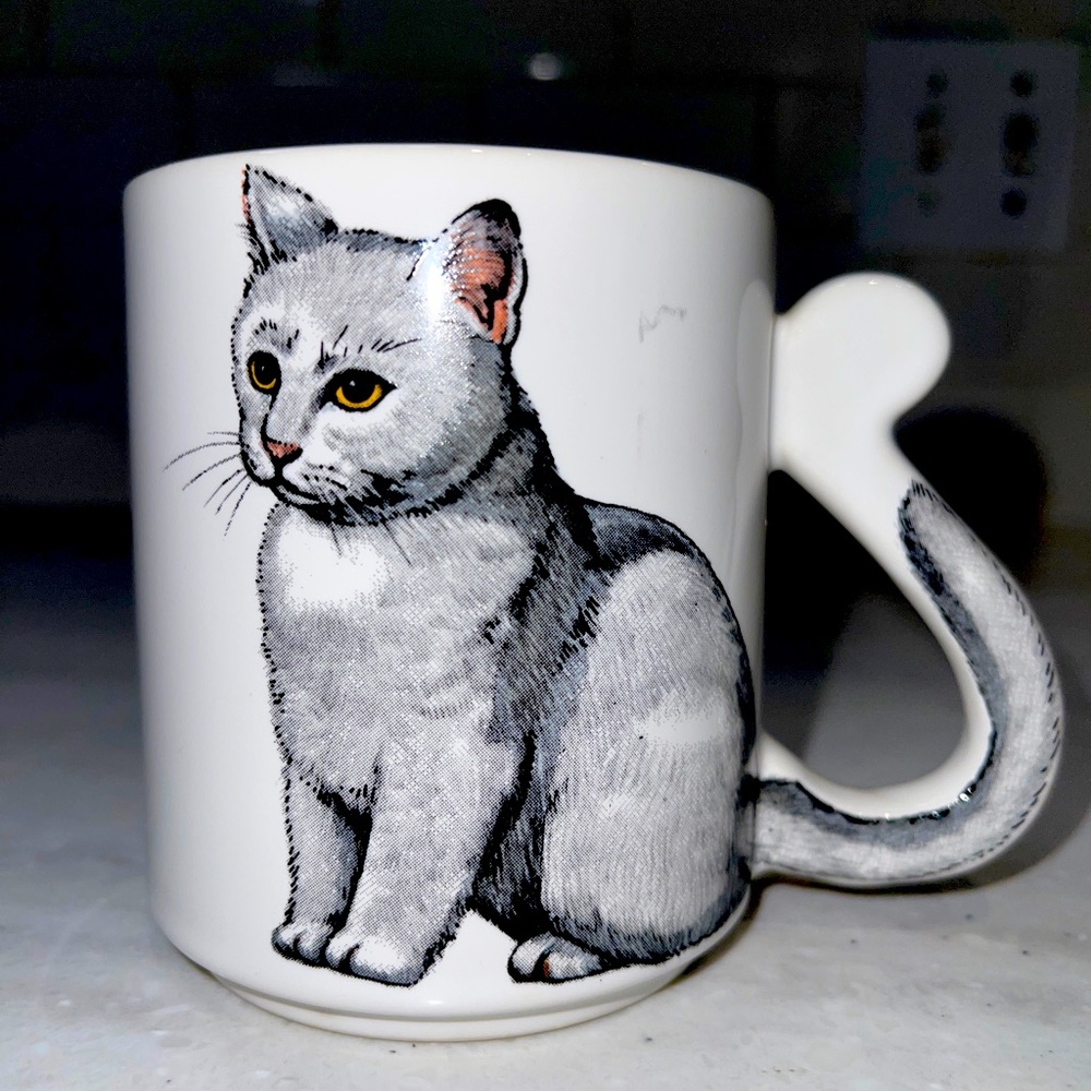 Vintage White Cat Coffee Mug with Tail for Handle